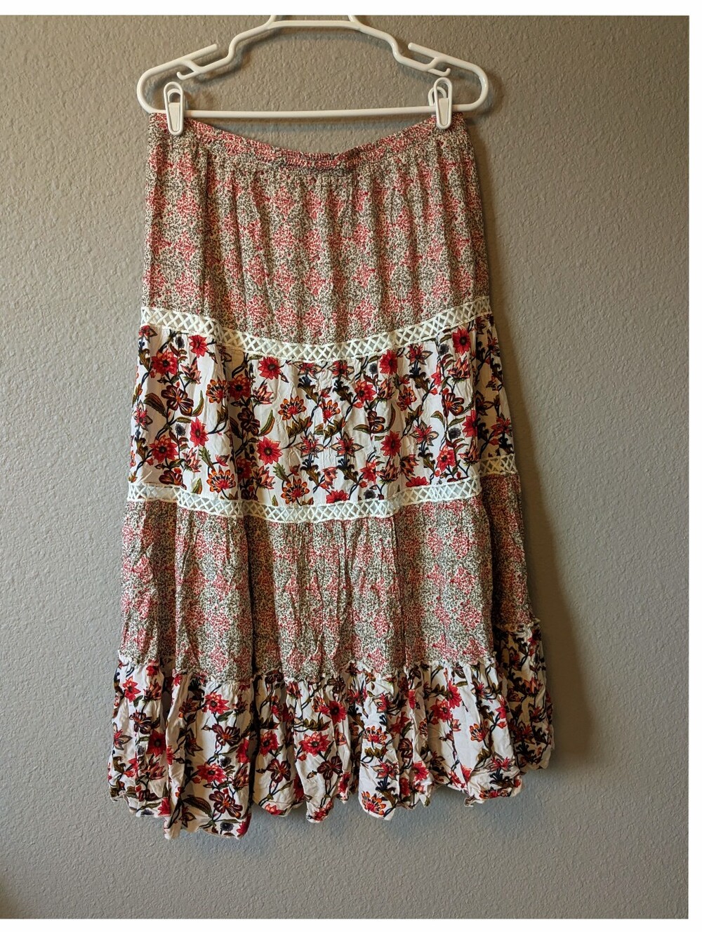 💕SALE💕Solitaire Floral Tiered Cotton Maxi Skirt Pink & White Long Boho Gypsie - Picture 6 of 6